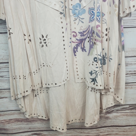 Origami by Vivien Womens Medium Cream Floral Faux Suede Laser Cut Duster Jacket - Picture 4 of 9